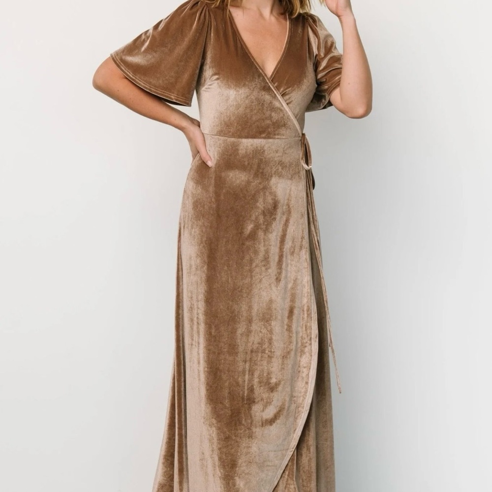 Baltic Born- Elegant Velvet Wrap Dress in Taupe